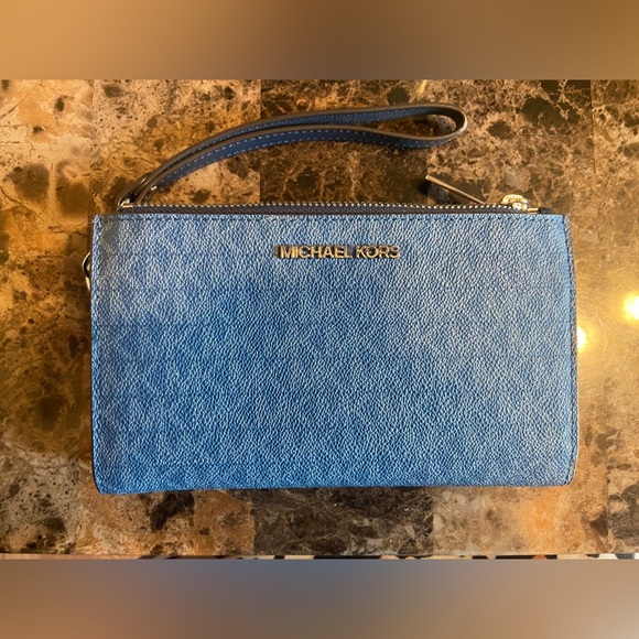MICHAEL Michael Kors Handbags - Michael Kors Jet Set Travel Large Double Zip Leather Wristlet Wallet Blue